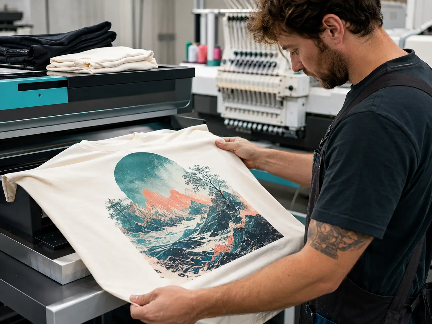 Qualitätskontrolle eines veredelten T-Shirts in der Produktion